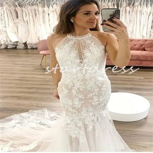 Magnifique robe de mariée sirène champagne clair avec des appliques en dentelle queue de poisson jardin style campagnard robes de mariée sexy dos ouvert balayage train robe de mariée 2024