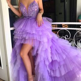 Superbes robes de soirée violet clair perles appliques spaghetti moelleux à plusieurs niveaux robe de bal robe de bal élégante robe de bal hi-lo robes de fiest