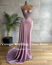 Gorgeous Lilac Mermaid Evening Dresses High Neck Satin Applique Beads Pleats Long Prom Dress Dubai Women Formal Dress 0330