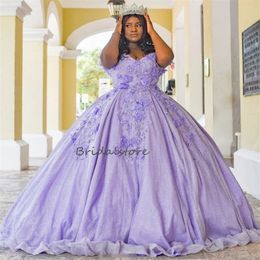 Prachtige Lila Quinceanera -jurken Charro 2024 Elegant Off Schouders 3D Florals Plus Size Vestios de 15 XV Anos Glitter Zestien verjaardagsjurk kralen Vestidos Baile