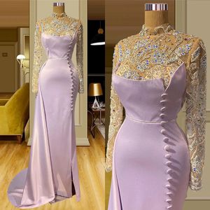 Magnifique robe de bal sirène en Satin lilas, col haut, avec des appliques en dentelle, sur mesure, longueur au sol, robe de soirée en perles
