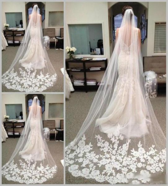 Magnifiques longs voiles de mariée avec bord appliquée en dentelle une couche de chapelle accessoires de mariage pas cher Veisl6547411