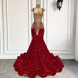 Gorgeous Long Prom Dress 2023 Mermaid Style Luxury Sparkly Silver Crystals Dark Red Sequin Black Girls Fiesta de noche Vestidos formales Robe De Soiree