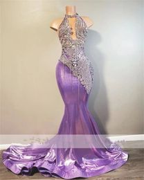 Magnifique robe de bal longue violette, Style sirène, col licou, luxe, cristaux scintillants, strass, robe pour filles noires, 2024