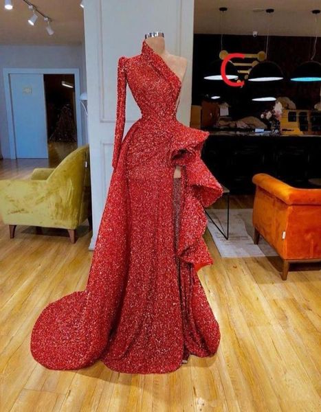 Preciosos vestidos de noche de sirena rojos de manga larga 2019 Elegante vestido de fiesta sexy Vestidos de noche formales con lentejuelas robe de soiree Abendkl8720776