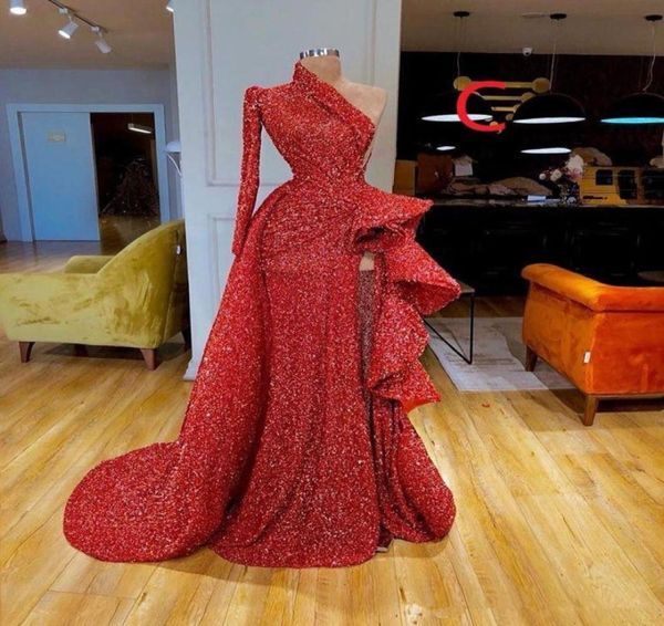 Magnifiques robes de soirée sirène rouge à manches longues 2019 élégante robe de bal sexy paillettes robes de soirée formelles robe de soirée Abendkl1956219