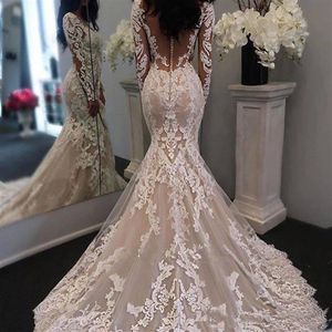 Gorgeous Long Sleeves Lace Appliques Mermaid Wedding Dresses Bridal Gowns 2018 V-neck Sheer Button Back Trumpet vestidos de novia279E