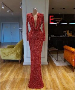 Prachtige lange mouwen Rode Mermaid Avondjurken 2019 Elegante Sexy Prom Dress Lovertjes Formele Avondjurken Robe de Soiree Abendkleider