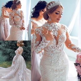 Magnifiques robes de mariée à manches longues robe de mariée avec train détachable col haut perlé Illusion sur mesure robe de novia 202224f