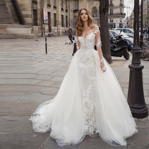 Gorgeous Mermaid Wedding Dresses with Detachable Train Lace Appliques Sheer Neck Long Sleeve Castle Wedding Gowns Bridal abiti da sposa