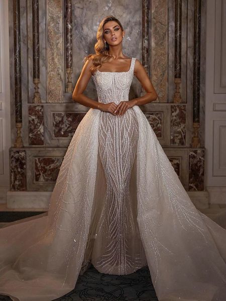 Precioso vestido de novia sirena 2023 con tren desmontable con cuentas cuello espagueti vestidos de novia Robe de mariee