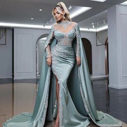 Hermosa sirena con cuentas vestidos de baile lago azul apliques mangas largas con capa cuello alto lado dividido árabe reina vestido de noche