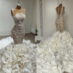 Magnifique robe de mariée sirène avec des Appliques de perles, bretelles Spaghetti, train bouffant à plusieurs niveaux, robes de mariée à balayage