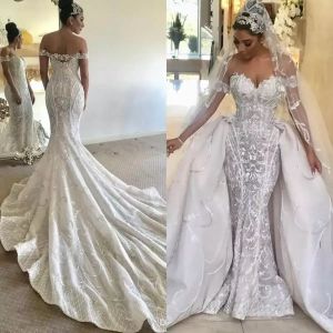 Prachtige zeemeerminjurken met afneembare trein off-shoulder kanten bruidsjurk vestidos backless dubai trouwjurk plus size