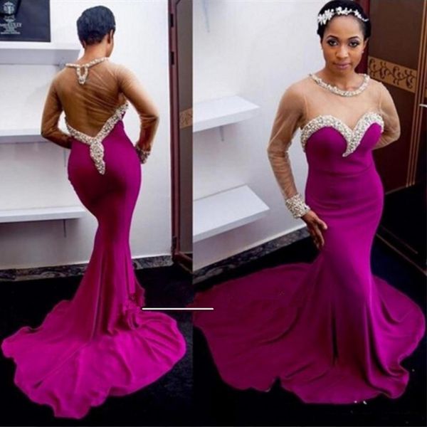 Magnifique sirène robes de soirée formelles longue dos creux pas cher 2018 rose vif bijou col transparent perles perlées piste bal robe de concours