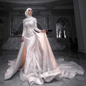 Superbes robes de mariée musulmanes en dentelle de sirène avec train détachable col haut manches longues robes de mariée perles tulle robes de mari2401