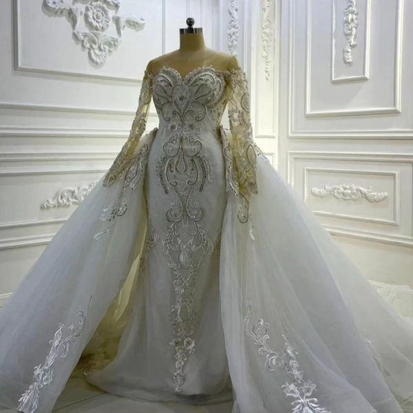 Magnifiques robes de mariée en dentelle sirène avec train détachable robes de mariée perlées manches longues décolleté bateau transparent appliqué tulle robe de novia