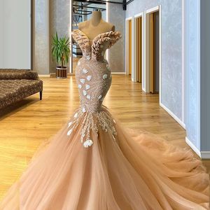 Prachtige zeemeermin prom -jurken met kanten appliqued ruches van schouder champagne avondjurk tule formeel feest slijtage vestido de novia