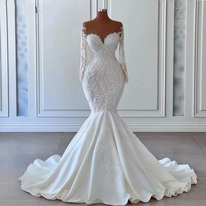 Robe de mariée sirène magnifique, col transparent, manches longues, perles en dentelle, robes de soirée de mariée sur mesure, 2024