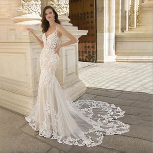 Magnifique robe De mariée sirène en Tulle et dentelle, avec des Appliques, col en V, bretelles Spaghetti, traîne Court, robes De mariée