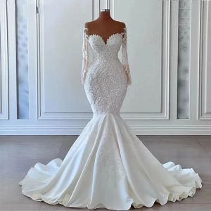 Precioso vestido de novia de sirena, cuello transparente, mangas largas, cuentas de encaje, vestidos de fiesta nupciales, Vestidos De novia hechos a medida, bata De Mariee