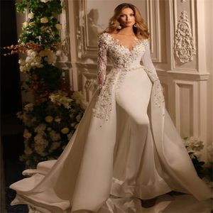 Magnifique robe de mariée sirène avec train détachable 2024 manches longues 2 en 1 surjupe fleurs perlées église robes de mariée élégante princesse femmes robes de novia