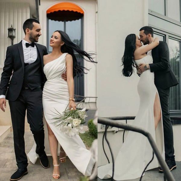 Precioso vestido de novia de sirena estilo simple un hombro muslo vestidos de novia divididos satén seda cremallera espalda batas de boda