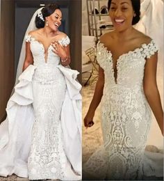 Superbes robes de mariée sirène robe nuptiale avec train dentelle amovible perlé perle du cou de la plage sur mesure de la plage plus taille Vestido de Novia 0509