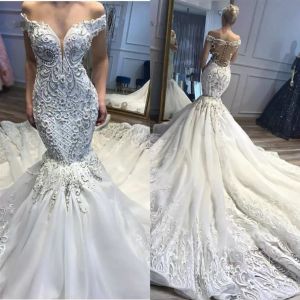 Prachtige zeemeermin trouwjurken bruidsjurk kralen kant applique bandjes sweep trein op maat gemaakt strand land boho vestidos de novia