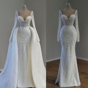 Robes de mariée sirène magnifiques, avec traîne détachable, perles et paillettes, robes de mariée perlées à manches longues, sur mesure