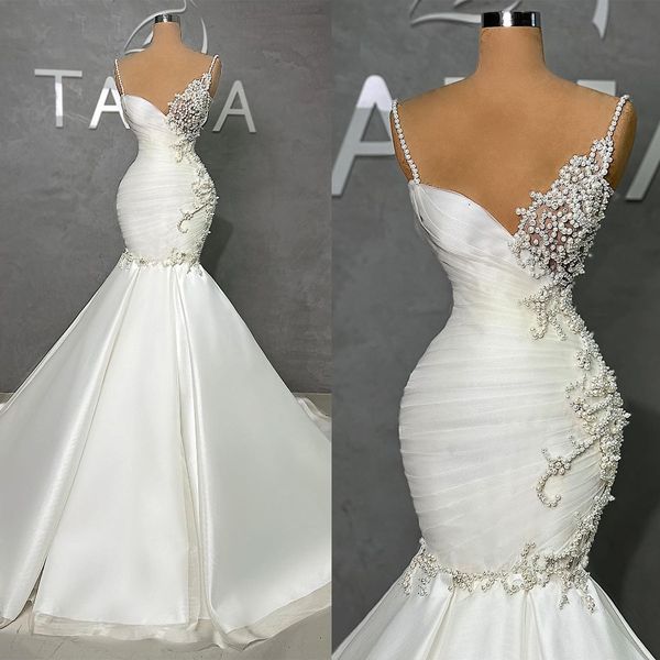 Magníficos vestidos de novia de sirena Espagueti Cuello de inspiración art déco Perlas Solicitantes Cuentas Vestido de corte con cremallera de satén Por encargo Tallas grandes Vestidos de novia