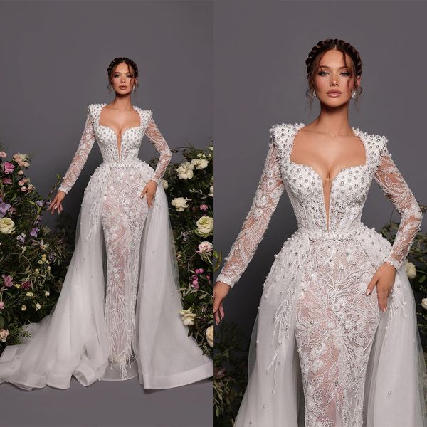 Preciosos vestidos de novia de sirena Perlas cuadradas Encaje Tul Hombreras Mangas largas Cremallera de tren desmontable Por encargo Vestido de novia de talla grande Vestidos De Novia