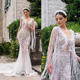 Superbes robes de mariée sirène col en V Illusion perles glands à lacets robe de chapelle sur mesure sur mesure grande taille robe de mariée de luxe Vestidos De Novia