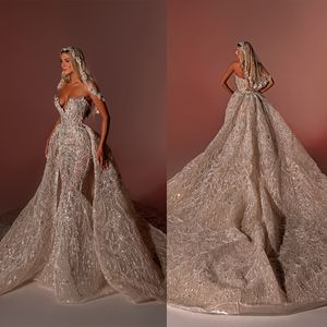 Wunderschöne Meerjungfrau-Hochzeitskleider mit V-Ausschnitt, Spitze, Pailletten, ärmellose Brautkleider, abnehmbare Schleppe, maßgeschneiderte Robe De Mariee