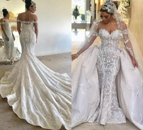 Preciosos vestidos de novia de sirena con tren desmontable, vestido de novia de encaje con hombros descubiertos, vestido de novia sin espalda de Dubai Plus Si8899609