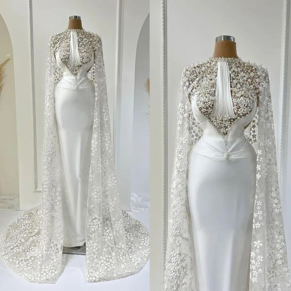 Hermosos vestidos de novia de sirena con envolturas de perlas de joyas apliques de encaje vestidos de novia