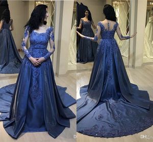 Prachtige marine blauw een lijn avondjurken satijn kant applique pure lange mouwen prom jurk feest formele jurk avondjurken gewaad vestidos