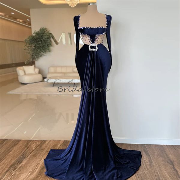 Superbe robe de bal en velours bleu marine col carré robe de soirée sirène à manches longues perles cristal noir filles fête formelle Vestios De Fiesta col transparent anniversaire