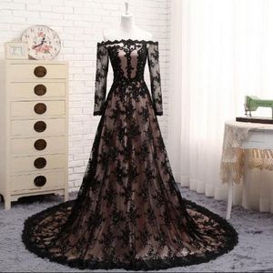 Magnifique épaule dénudée robes de soirée formelles manches longues noires pleine dentelle femmes robes de soirée fermeture éclair dos balayage train Illusion robes de bal