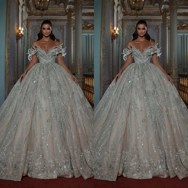 Magnifique robe de mariée à épaules dénudées, à paillettes et perles, sur mesure, avec des Appliques en cristal, robe de bal