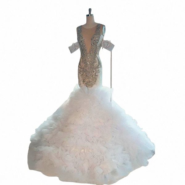 Precioso fuera del hombro cristales brillantes hechos a mano sirena vestidos de boda nupciales tul blanco volantes mujeres boda Dres 2023 e1N5 #