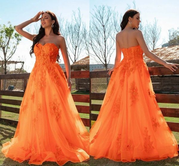 Preciosos vestidos de fiesta de color naranja, sexy, sin espalda, una línea, apliques de encaje sin tirantes, volantes, vestidos de noche largos de tul de talla grande BC15153 0201