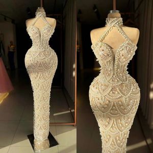 Prachtige parel trouwjurken hoge nek zeemeermin bruidsjurken pailletten lace strass rhinestone op maat gemaakte slanke bruid vestido de novia