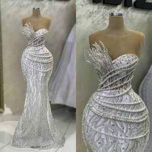 Prachtige parels kralende zeemeermin trouwjurken glanzende kristal trouwjurk mouwloos lovertjes bruidsvestidos