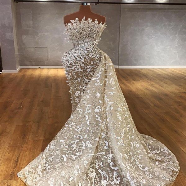 Magníficas perlas sirena vestidos de novia vestidos de novia con tren desmontable africano nigeriano encaje sin tirantes apliques con cuentas vestido 233A