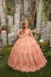 Magnifique robe de bal rose robes de fille de fleur vintage vintage mi-manches appliques perles filles concours de concours
