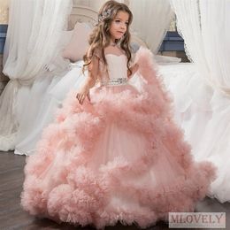 Gorgeous Pink Ball Gown Kids Flower Girl Dress Fiesta de cumpleaños Prom Evento Vestido con lazos para niñas de 3 a 10 años 262S