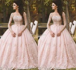 Superbe rose belle robe de bal robe de bal pure manches longues bouffantes organza longueur de plancher formelle arabe robe de soirée 3d dentelle florale dubaï