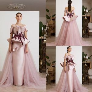 Prachtige roze avondjurken met tule overskirt uit schouder kant geappliceerd formele prom jurk mode backless 2019 satijnen feestjurken