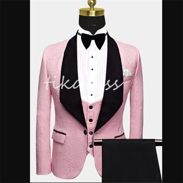 Magnifique rose jacquard Tuxedos de mariage 2024 Trois pièces hommes costumes avec costume de bal de bal à revers noir